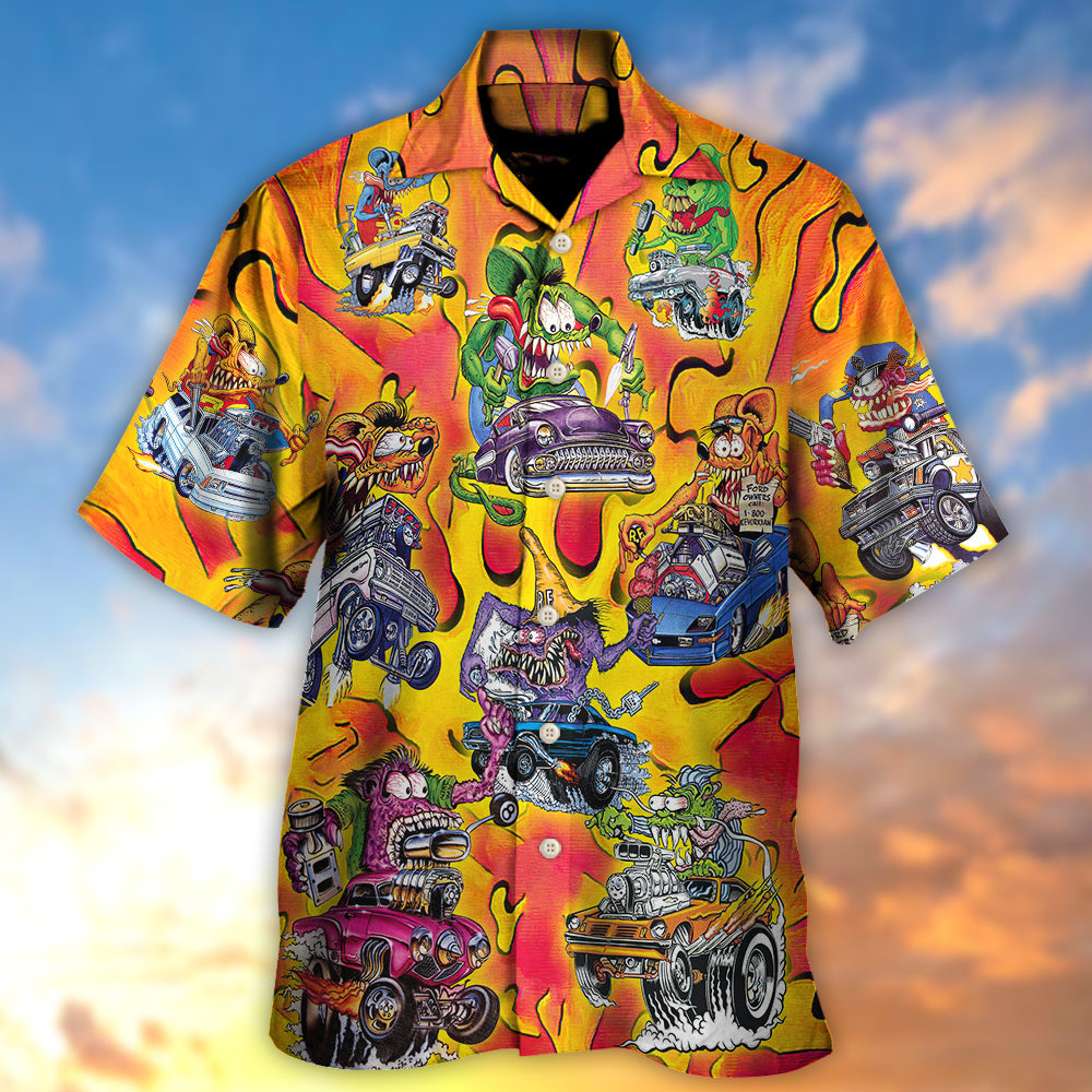 Vintage Hot Rod Racing Hawaiian Shirt Graphic Artwork Detail For Island Holidays