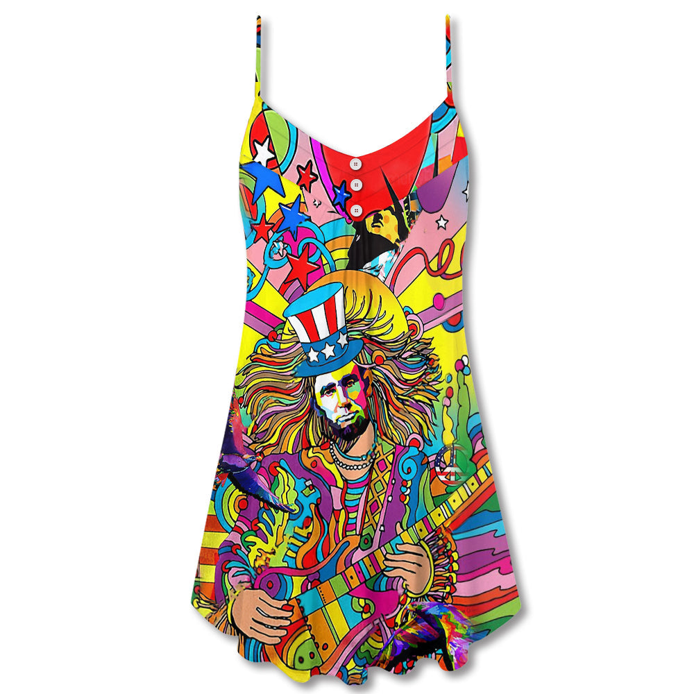 Hippie Patriotic Colorful Style V-Neck Sleeveless Cami Dress For Festivals Travel And Relaxed Casual Summer Wear