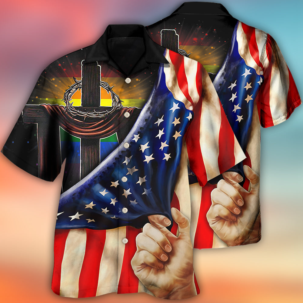 Rainbow Pride Independence Day Cross Flag Lighting Hawaiian Shirt Pattern Detail For Summer Holidays And Outdoor Fun