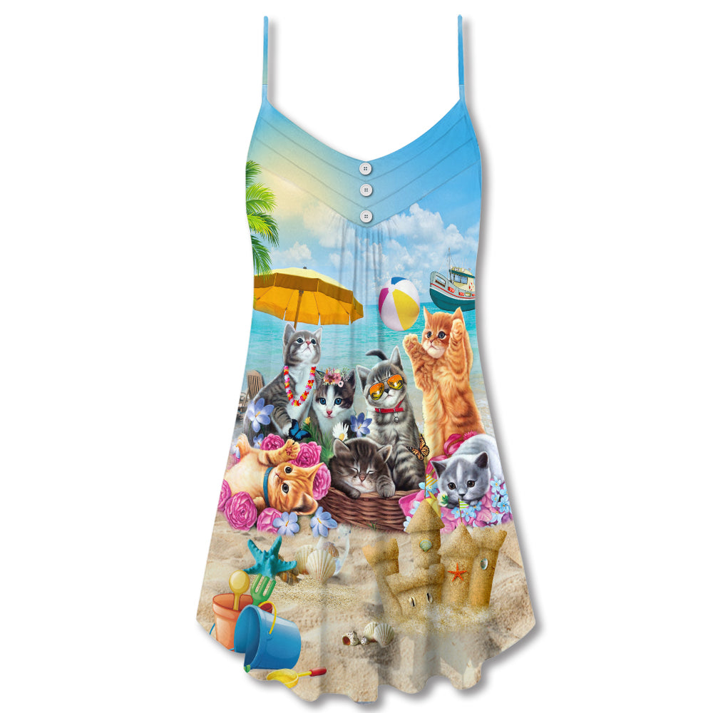 Happy Cat Beach Sunshine V-Neck Sleeveless Cami Dress For Beach Trips And Relaxed Vacation Style