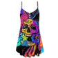 Skull And Moth Neon Butterfly Night V-Neck Sleeveless Cami Dress For Vacations And Casual Warm Weather Wear
