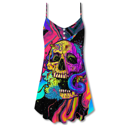 Skull And Moth Neon Butterfly Night – Women's Summer Sleeveless V-Neck Camisole Dress