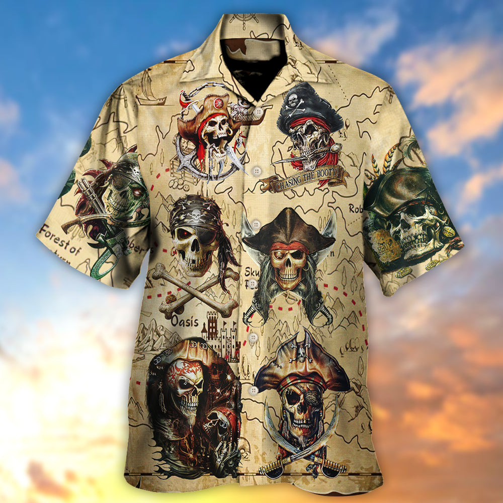 Pirate Chasing Treasure Hawaiian Shirt Front Pattern View For Casual Outings