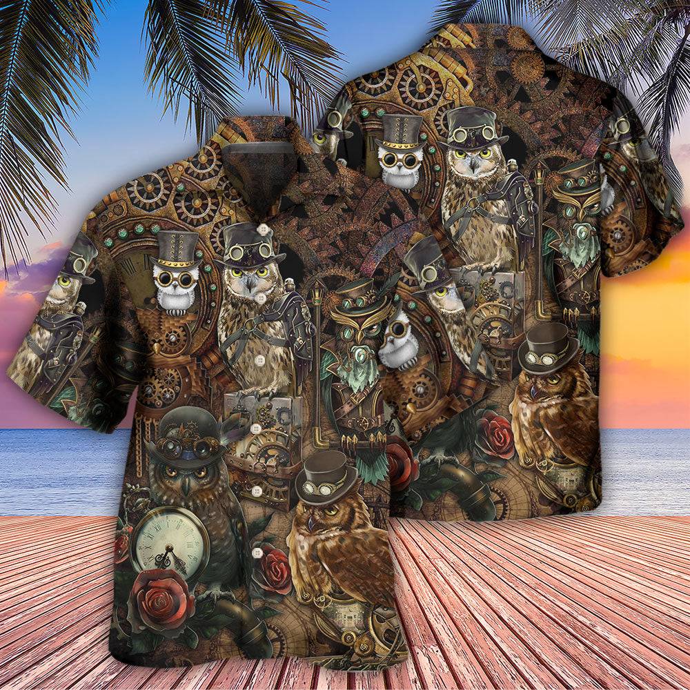 Steampunk Retro Owl Hawaiian Shirt Artwork View For Coastal Escapes And Resort Style
