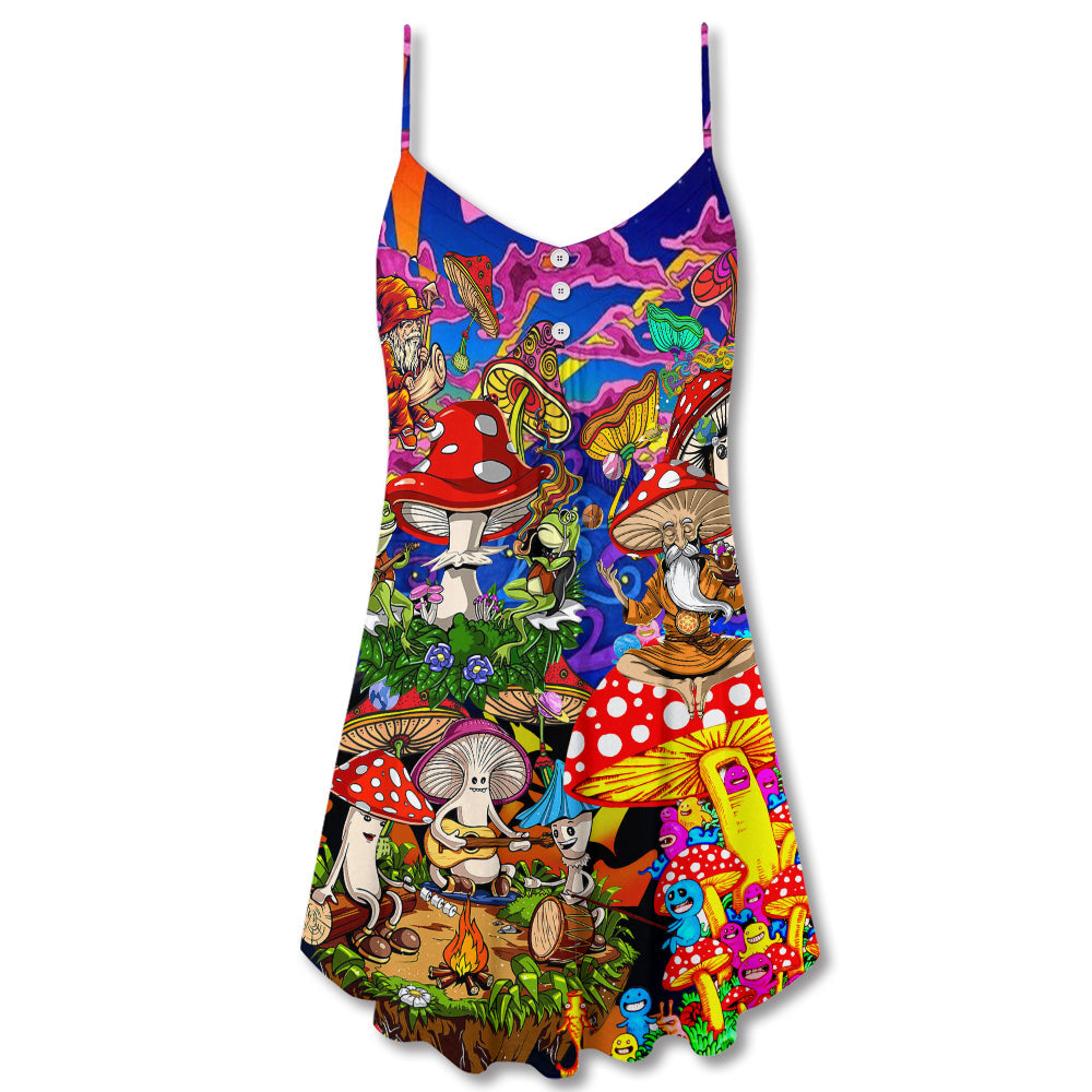 Hippie Mushroom Happy Together V-Neck Sleeveless Cami Dress For Vacations And Casual Warm Weather Wear