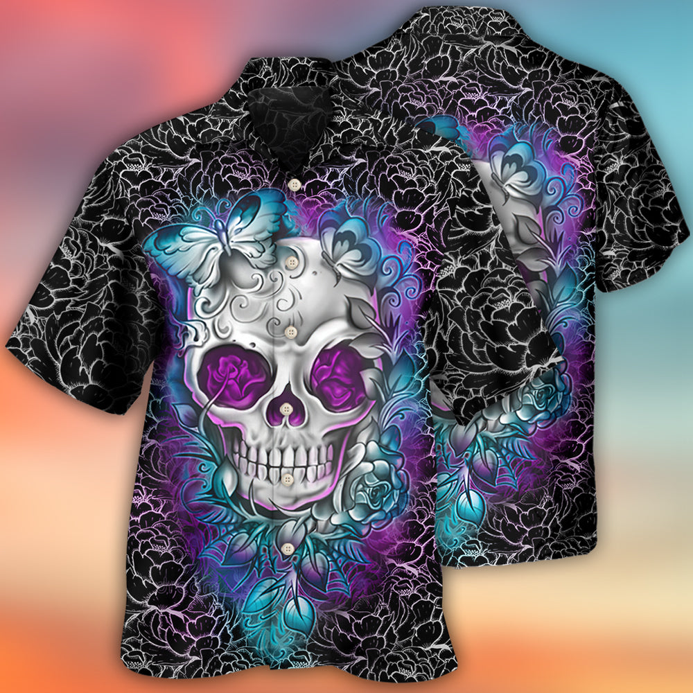 Floral Skull Butterfly Lighting Hawaiian Shirt For Summer Vacation And Beach Travel