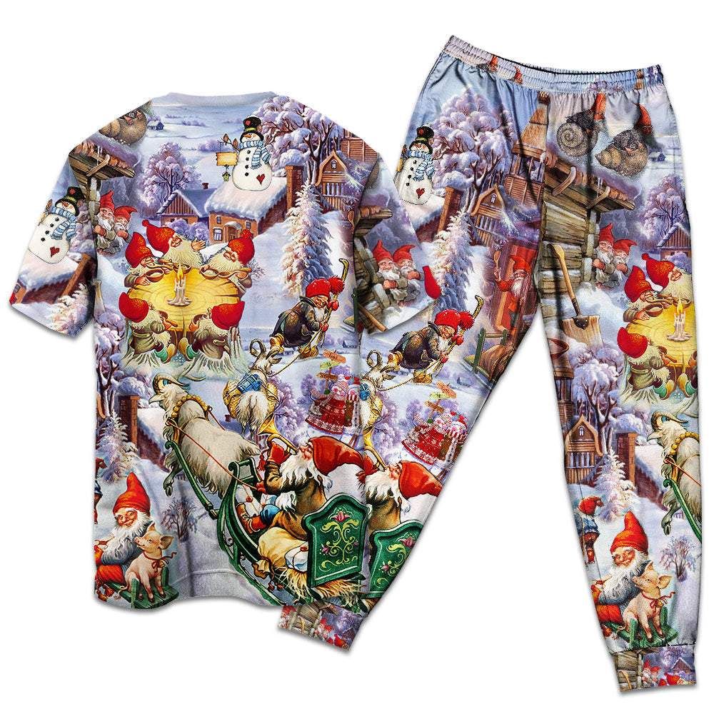 Santa And Christmas Gnomes Short Sleeve Pajamas Set For Holiday Bedtime And Cozy Home Wear