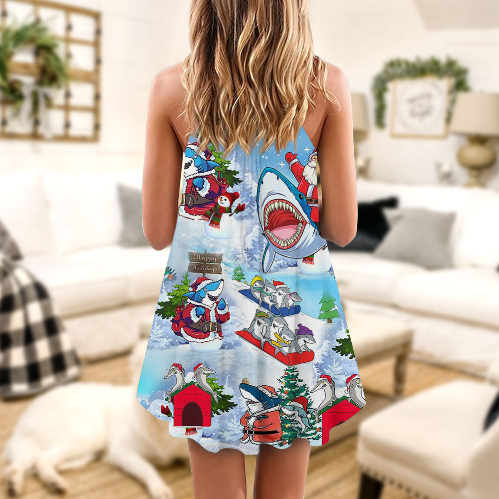 Shark Santa Love Merry Christmas V-Neck Sleeveless Cami Dress For Summer Events And Comfortable Everyday Style