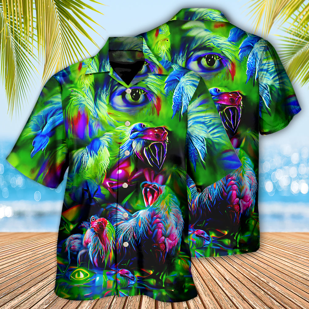 Funny Neon Crowing Rooster Hawaiian Shirt For Summer Vacation And Beach Travel