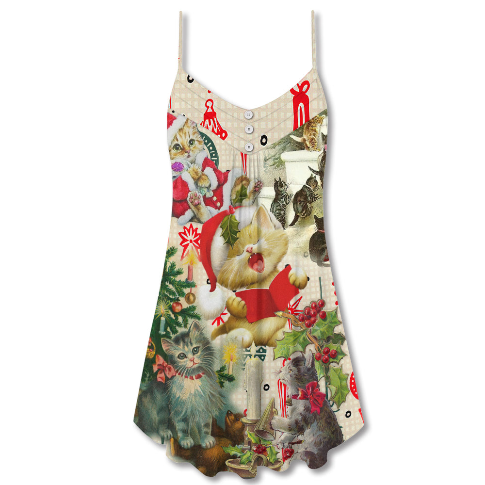 Christmas Cats Singing Holiday V-Neck Sleeveless Cami Dress For Festive Events And Casual Summer Styling