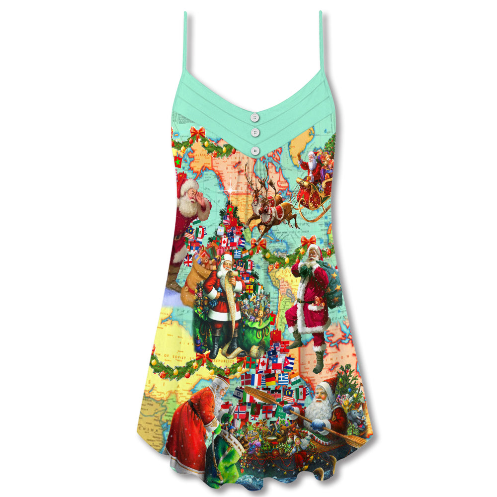Christmas Santa Love World Map – Women's Summer Sleeveless V-Neck Camisole Dress