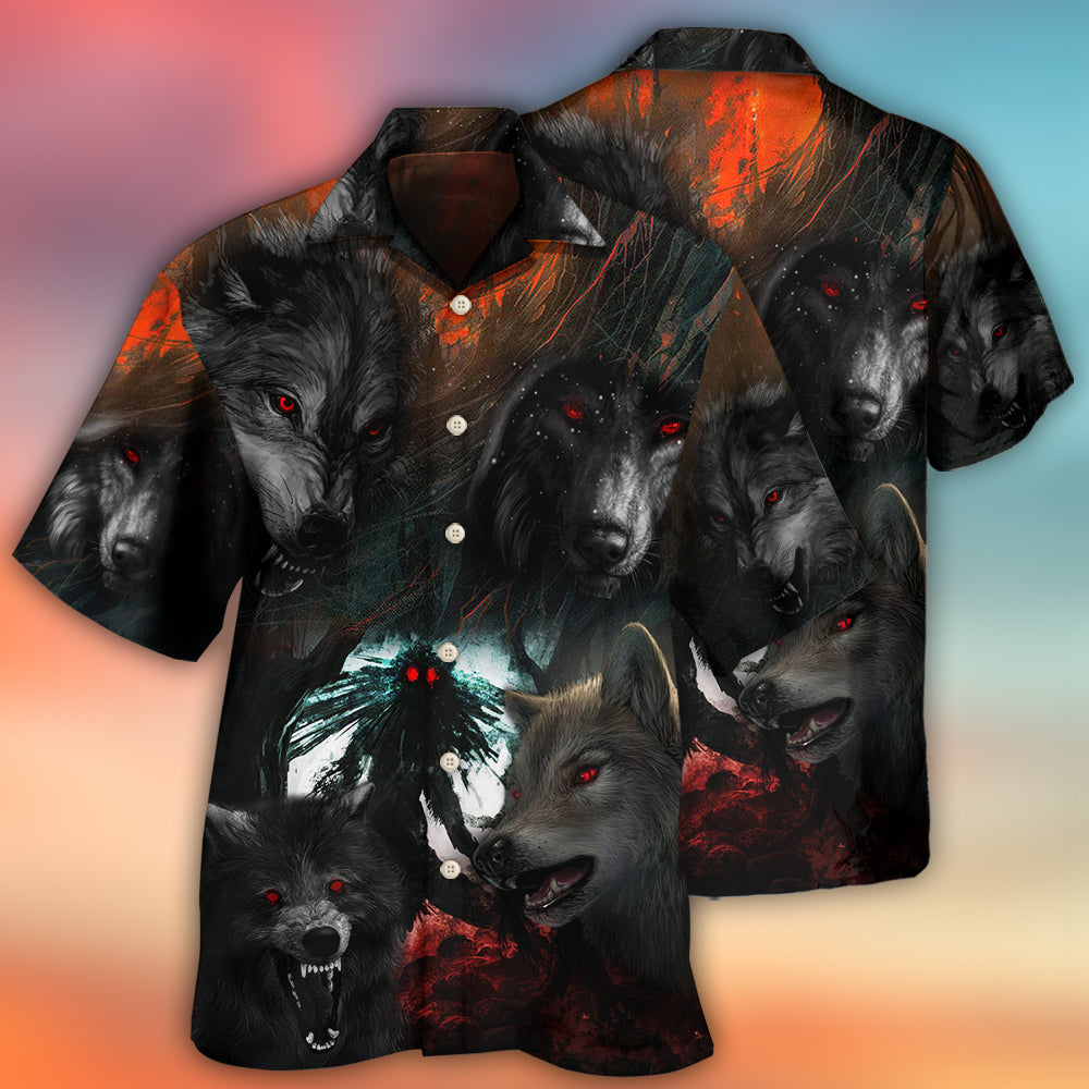 Black Dark Wolf Halloween Forest Hawaiian Shirt Pattern View For Relaxed Warm Weather Outfits