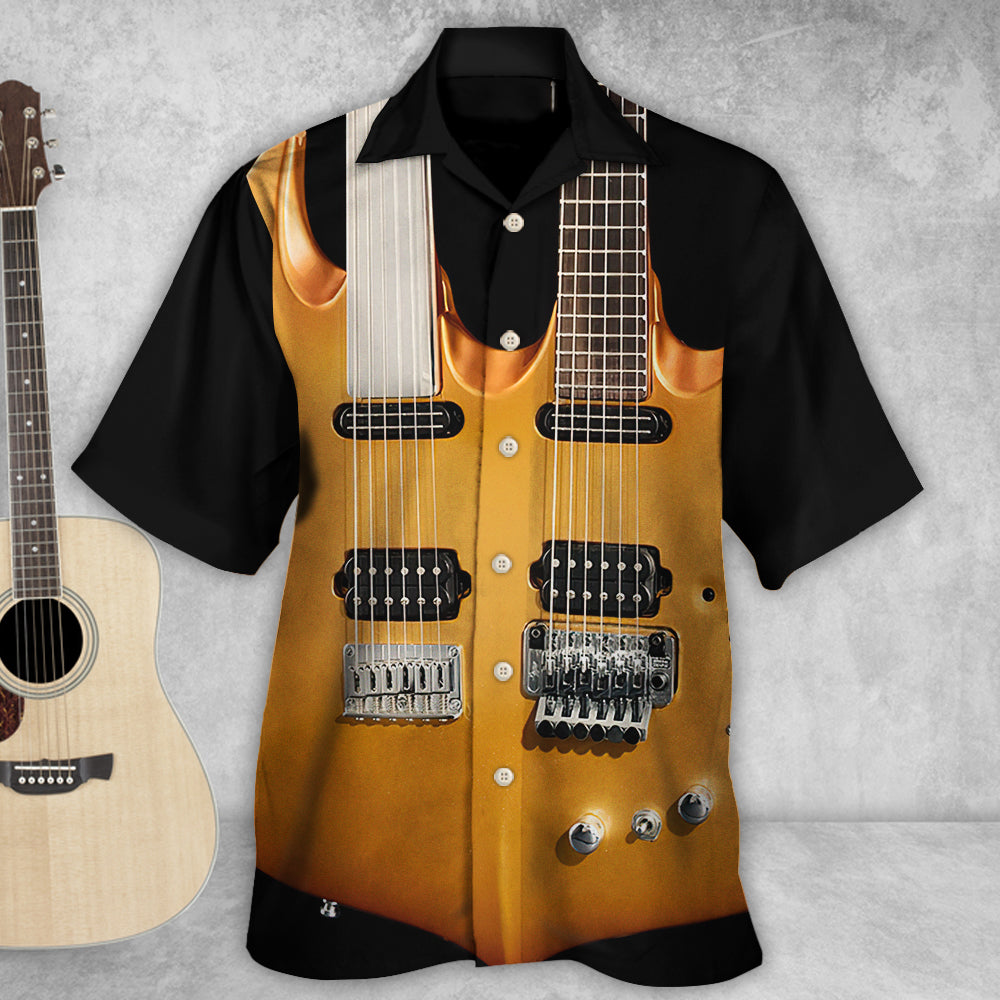 Electric Guitar Double Hawaiian Shirt Pattern Detail For Vacation Travel And Daily Wear
