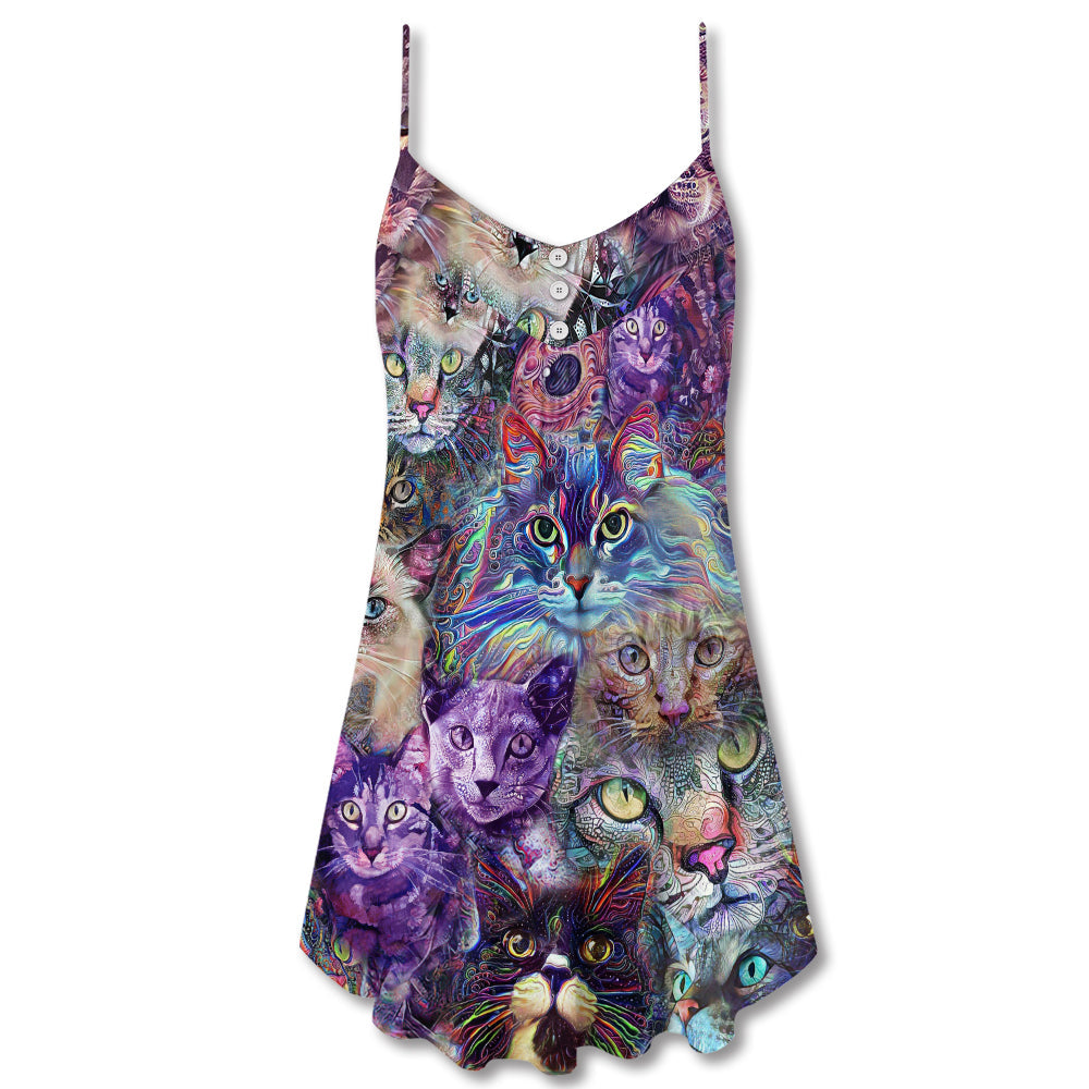 Psychedelic Purple Cat V-Neck Sleeveless Cami Dress For Beach Trips Parties And Relaxed Warm Weather Style