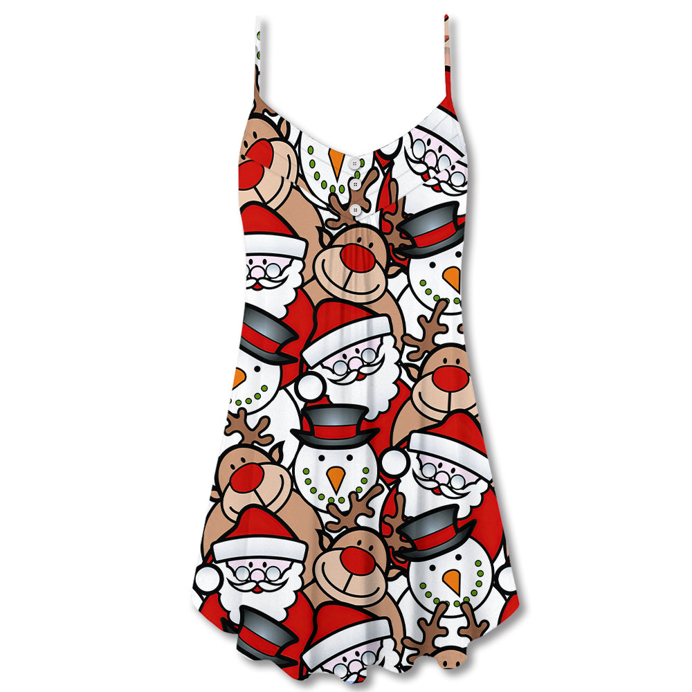 Christmas Cute Santa And Reindeer V-Neck Sleeveless Cami Dress For Festive Events And Casual Summer Styling