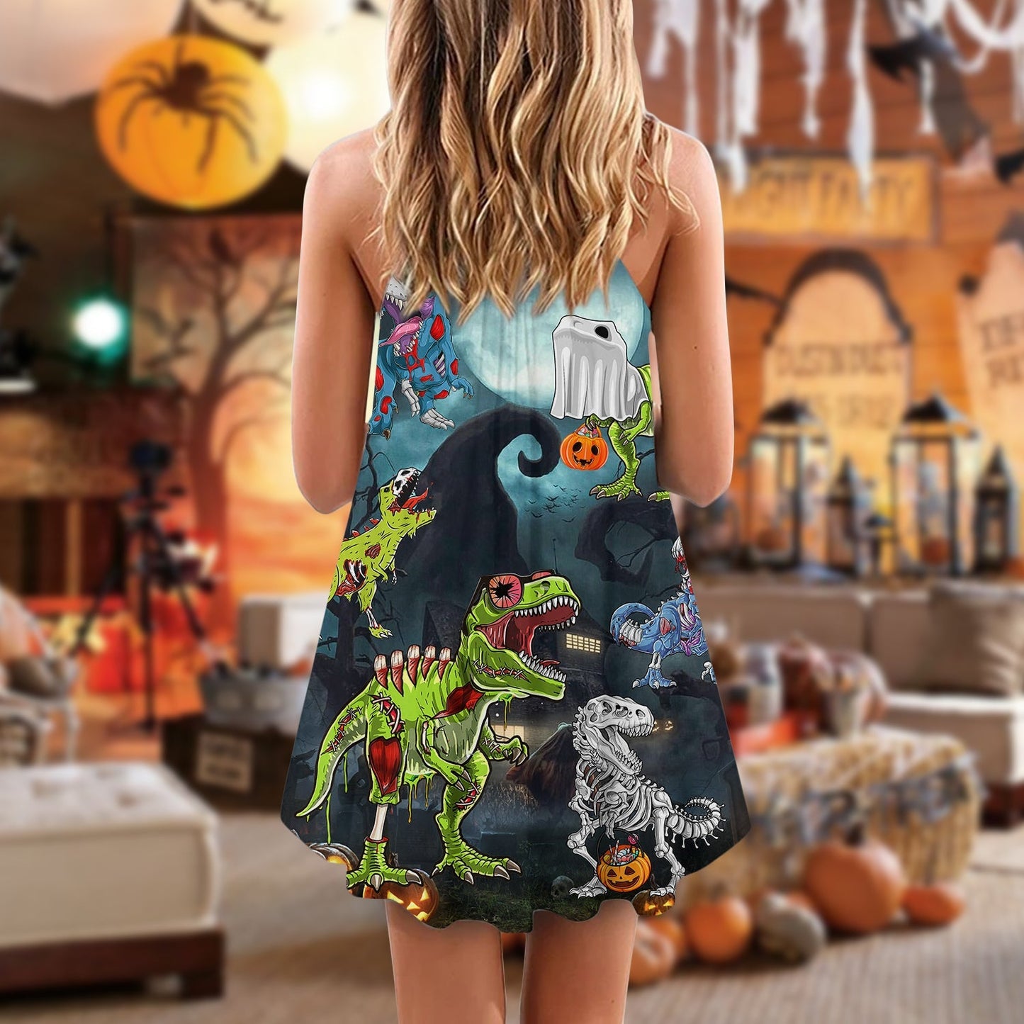 Halloween Zombie Saurus Scary – Women's Summer Sleeveless V-Neck Camisole Dress