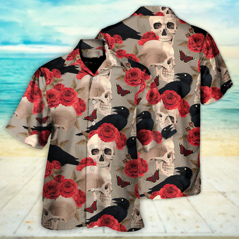 Floral Skull Rose Raven Gothic Hawaiian Shirt Design View For Casual Summer Styling