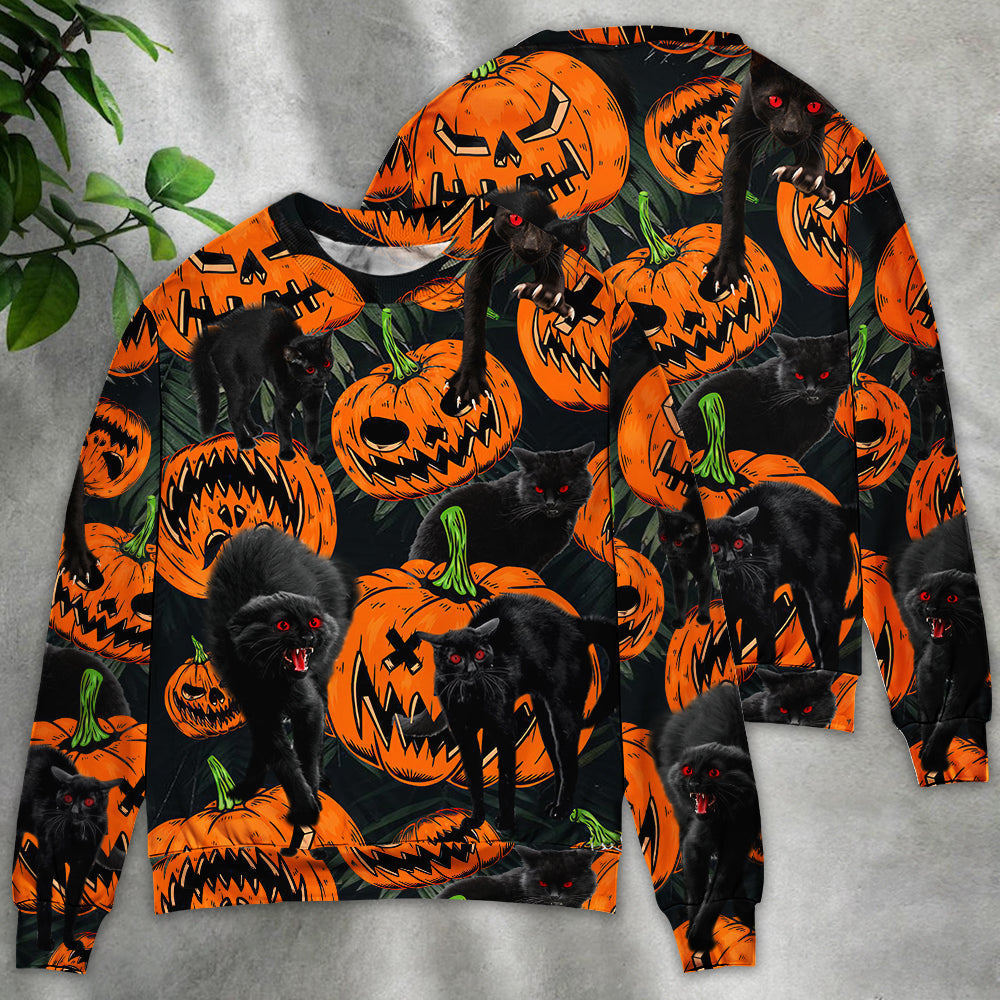 Halloween Black Cat Pumpkin Tropical Sweater For Art Fans Travel Parties And Distinctive Casual Style