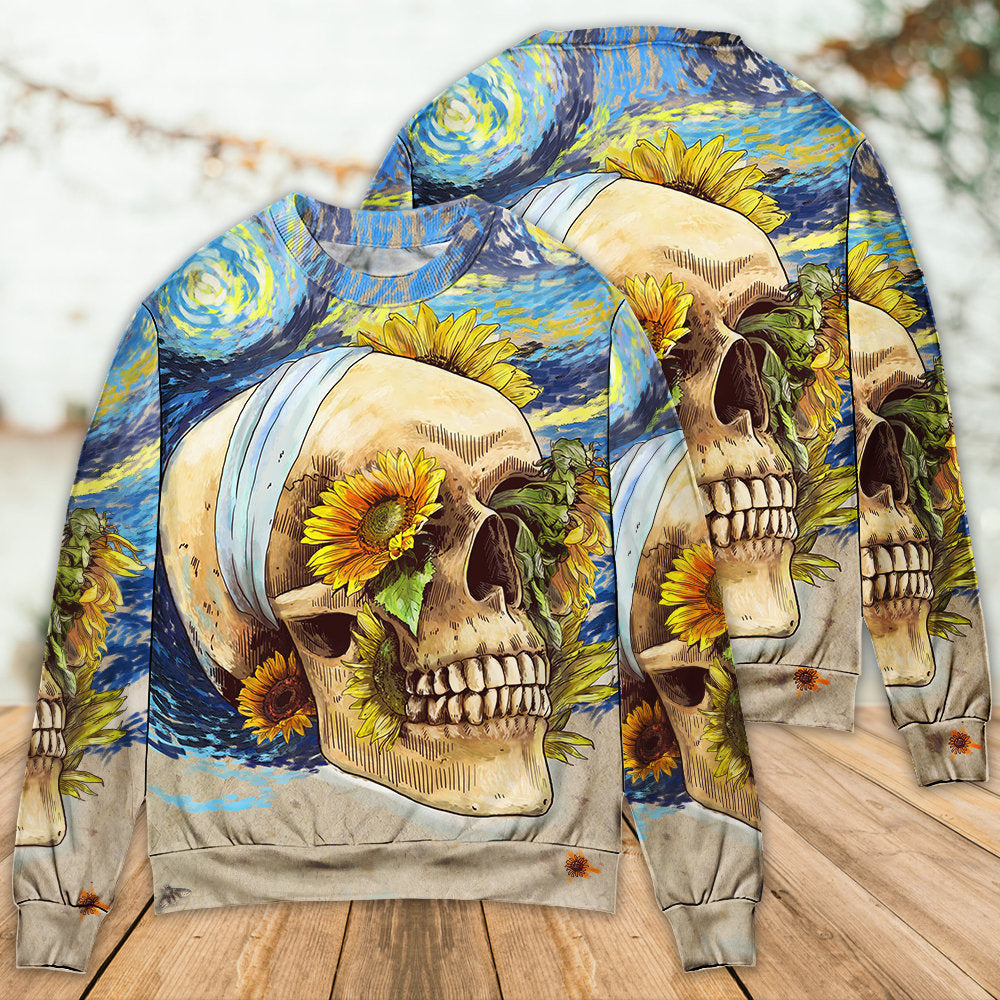 Skull And Sunflower Vintage Starry Night Sweater For Art Lovers Holidays Parties And Comfortable Wear