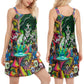 Hippie Skull Alien V-Neck Sleeveless Cami Dress For Vacations And Artistic Everyday Fashion
