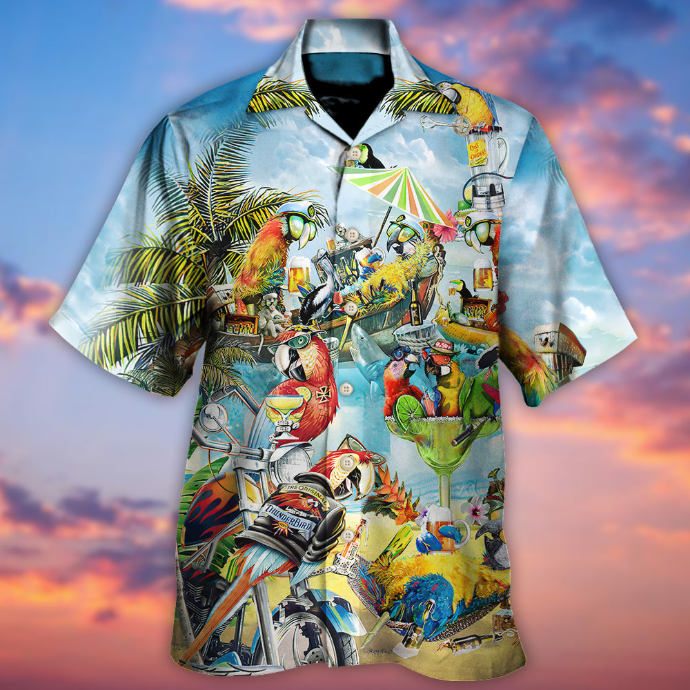 Tropical Parrot Cocktail Vibes Hawaiian Shirt Design Detail For Beach Days And Holiday Travel