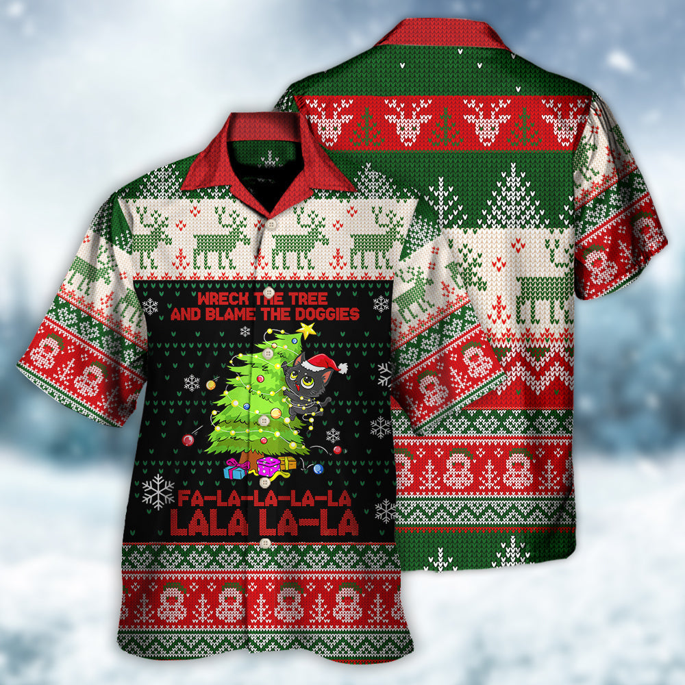 Funny Cat Wreck Tree Christmas Light Ugly Hawaiian Shirt Artwork Detail For Tropical Trips And Casual Outings