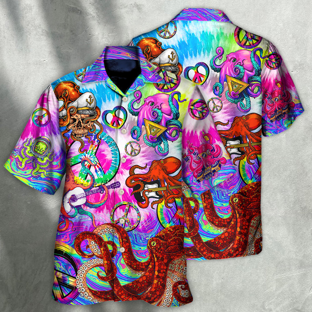 Bohemian Funny Colorful Happy Octopus Tie Dye Hawaiian Shirt Pattern Detail For Vacation Travel And Daily Wear