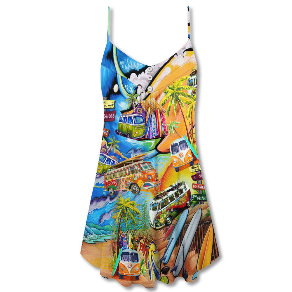 Hippie Bus Beach V-Neck Sleeveless Cami Dress For Beach Days Festivals And Comfortable Bohemian Outfits
