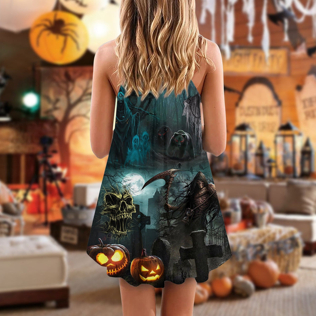 Halloween Ghost Dark Pumpkin Scary V-Neck Sleeveless Cami Dress For Summer Events And Comfortable Everyday Style