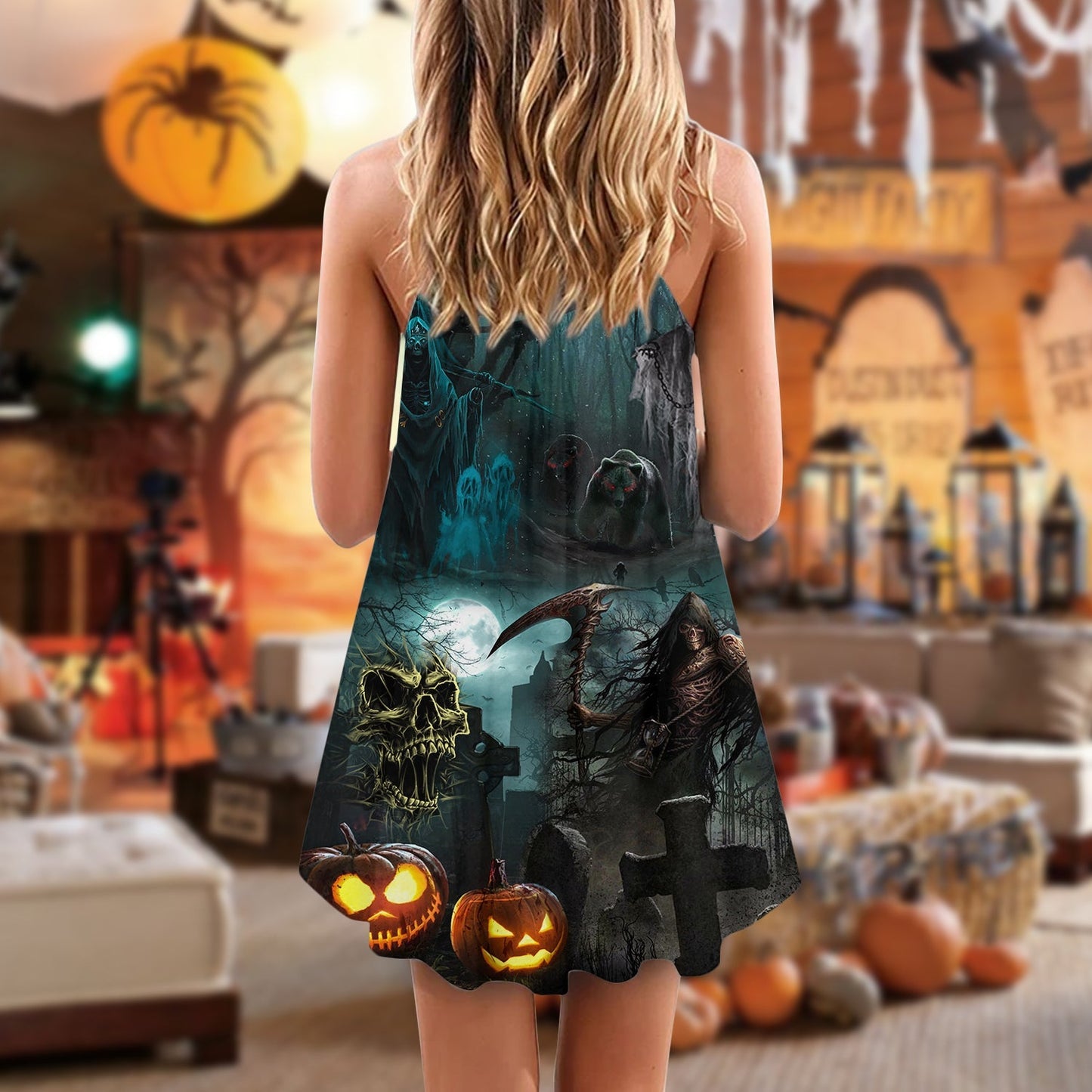 Halloween Ghost Dark Pumpkin Scary V-Neck Sleeveless Cami Dress For Summer Events And Comfortable Everyday Style