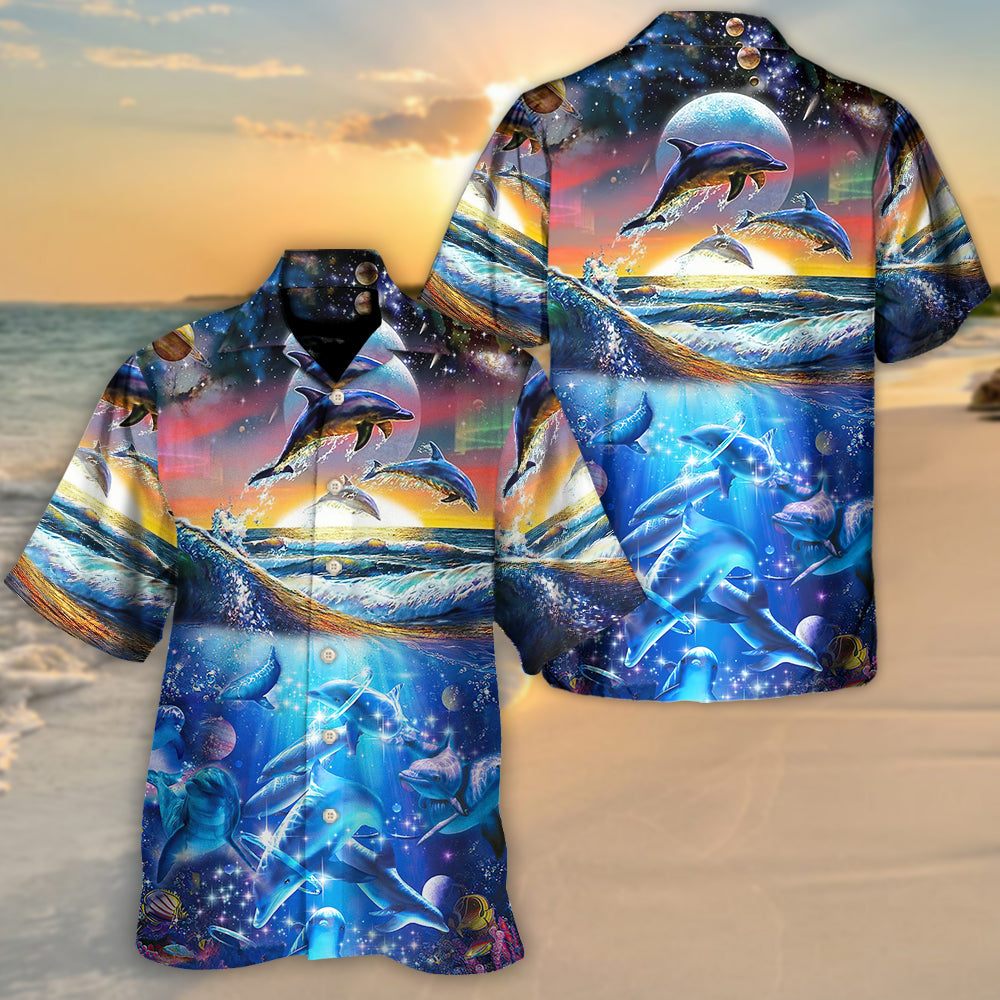 Beach Dolphin Sunshine Swim Sea Drink Wild Air Hawaiian Shirt For Summer Vacation, Beach Travel, And Casual Wear