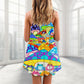 Hippie Frog Mushroom Colorful Peace V-Neck Sleeveless Cami Dress For Vacations And Casual Warm Weather Wear