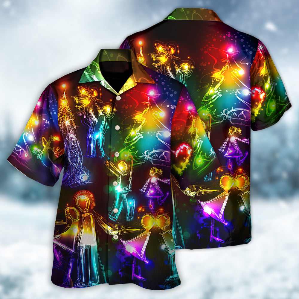 Happy Neon Christmas Family Tree Light Hawaiian Shirt Pattern Detail For Vacation Travel And Daily Wear