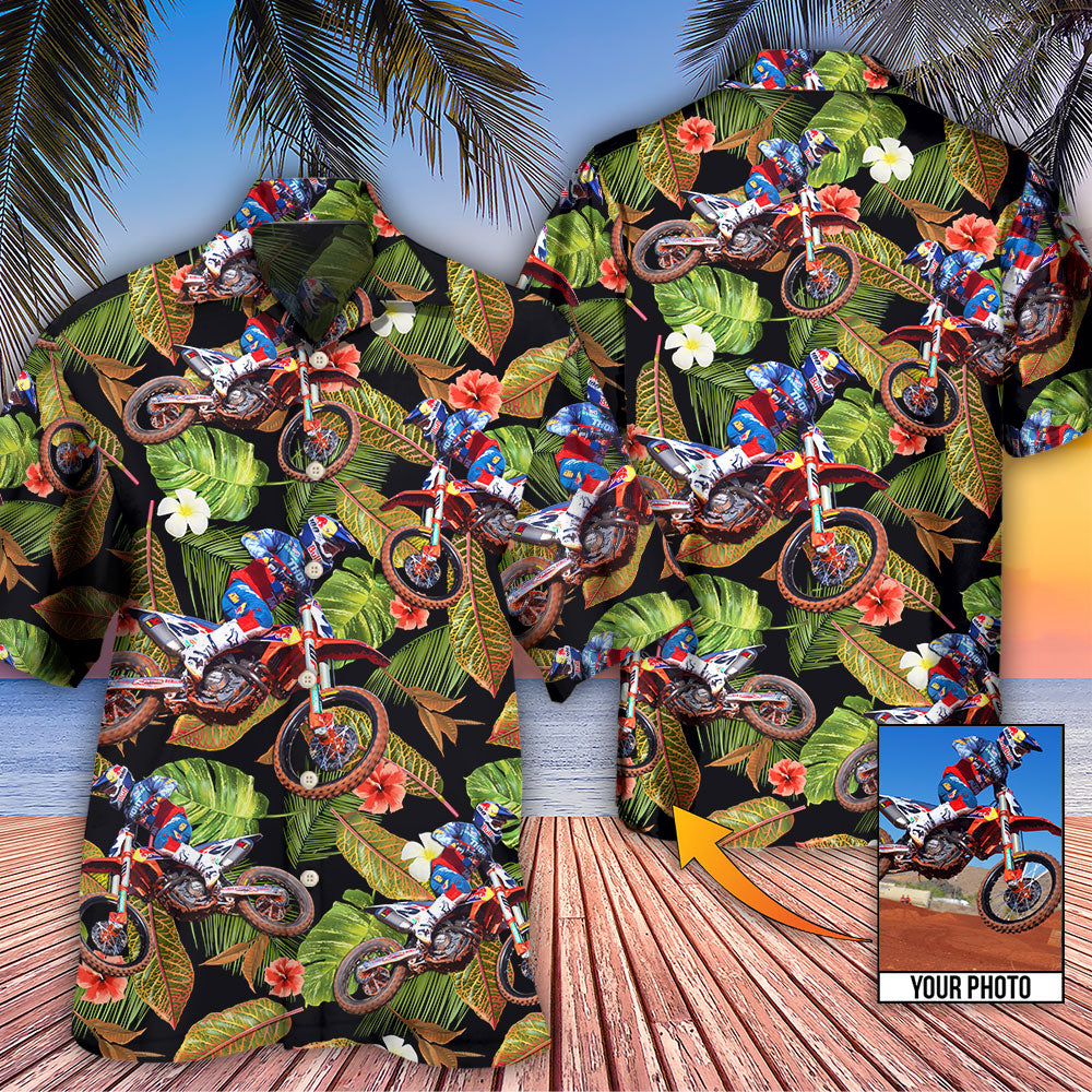 Tropical Floral Motocross Custom Photo Hawaiian Shirt For Poolside Relaxation And Sunny Getaways