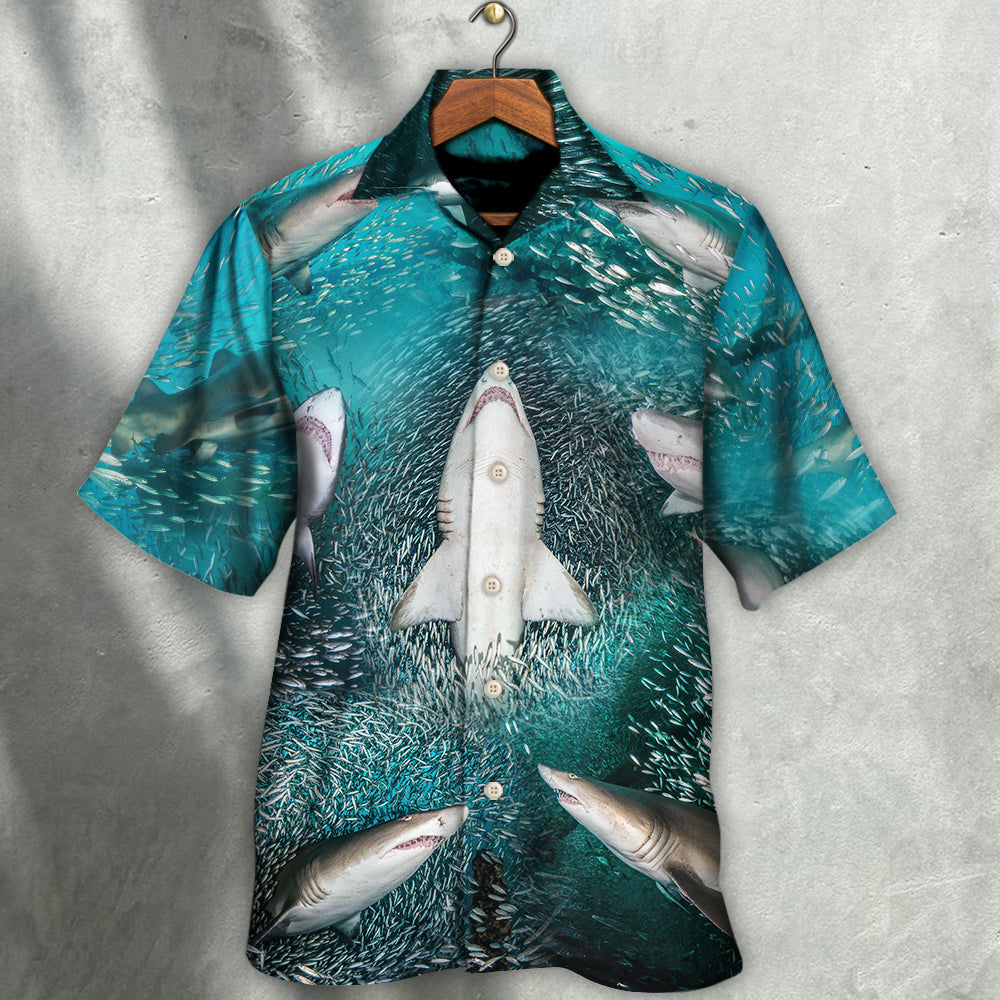 Shark's Buffet Thousands Sardines Hawaiian Shirt Pattern View For Lightweight Everyday Style