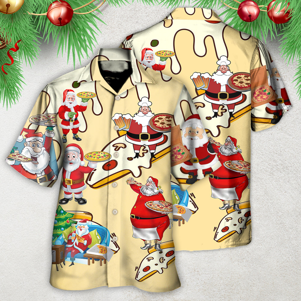 Christmas Santa Eating Pizza Yummy Hawaiian Shirt Artwork Detail For Tropical Trips And Casual Outings