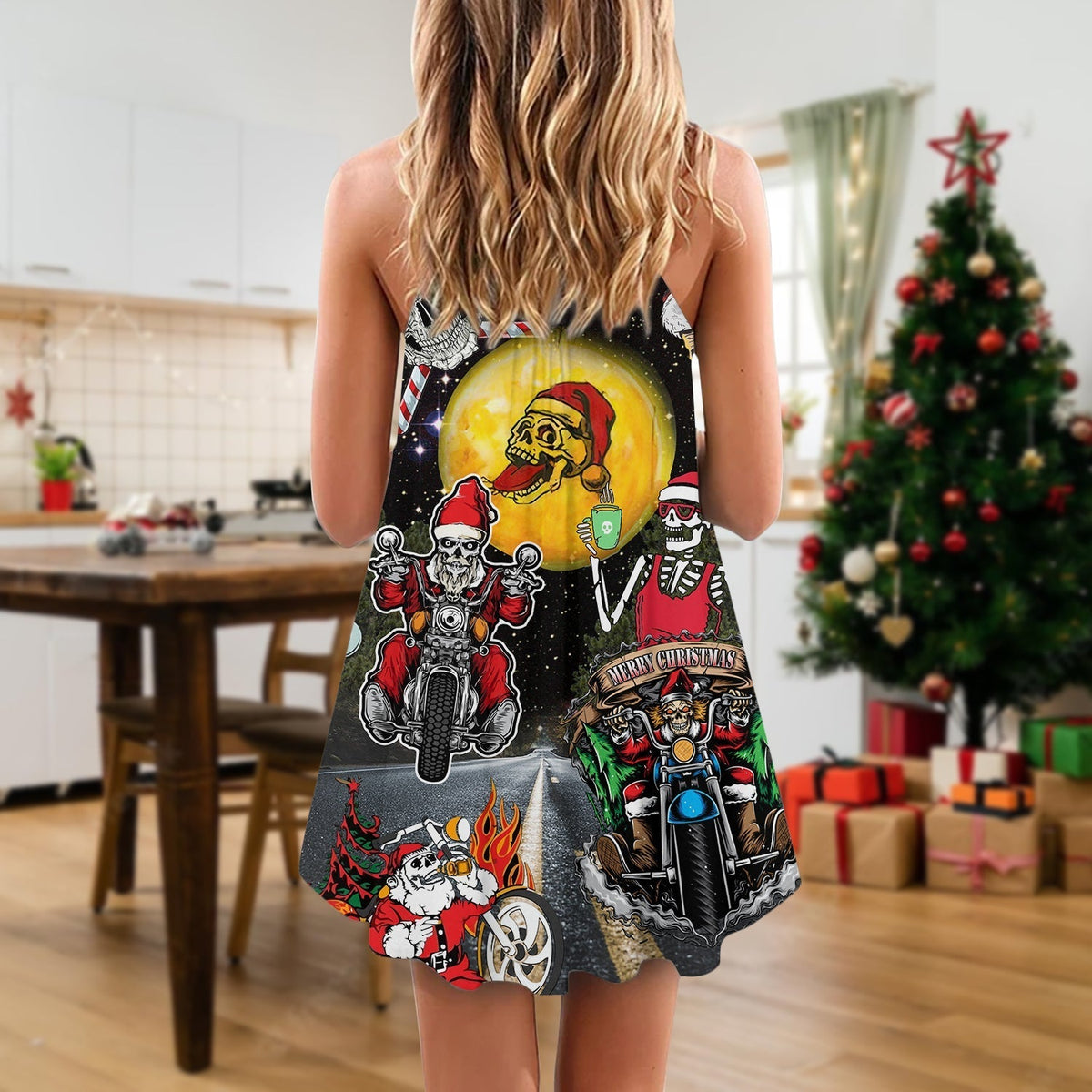 Christmas Santa Skull Racing Holiday V-Neck Sleeveless Cami Dress For Vacations And Casual Warm Weather Wear