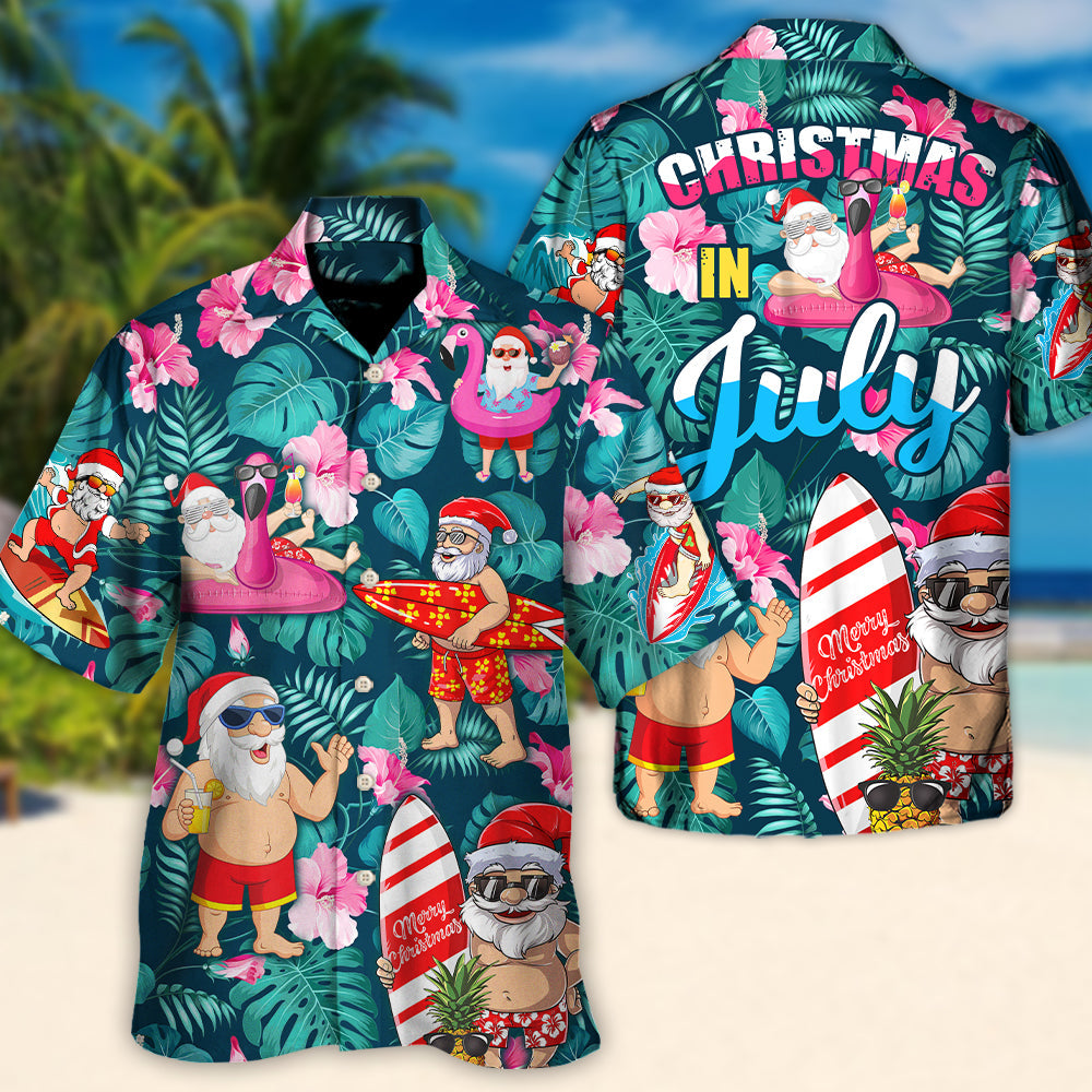 Tropical Christmas July Santa Hawaiian Shirt For Christmas Gatherings, Resort Trips, And Cheerful Seasonal Style