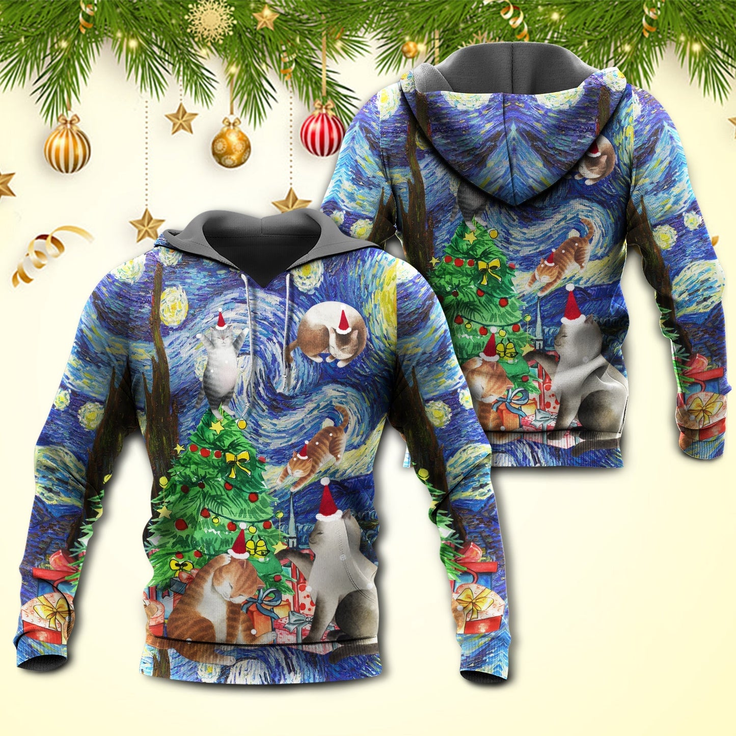 Christmas Cat Playing Starry Night Hoodie For Seasonal Parties Casual Wear And Thoughtful Holiday Gifts