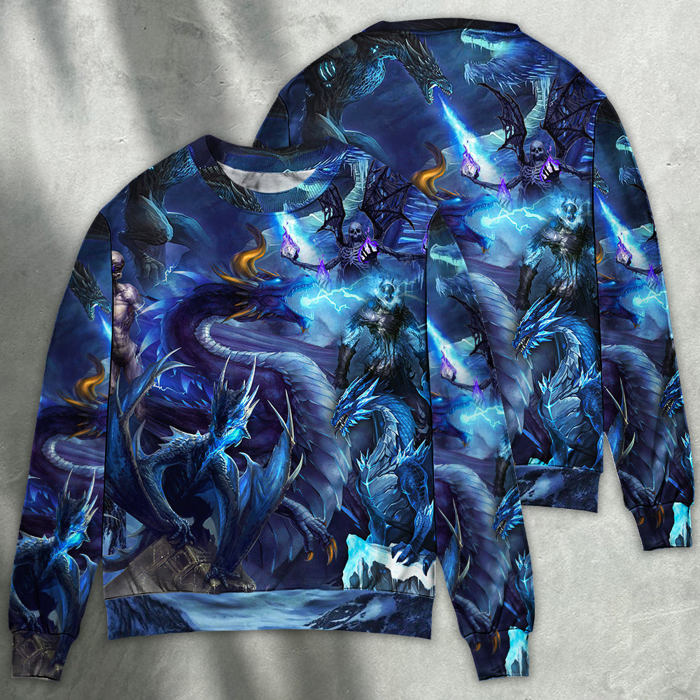 Blue Dragon Skull Fire Lightning Sweater For Fantasy Fans Casual Outings And Weekend Adventures