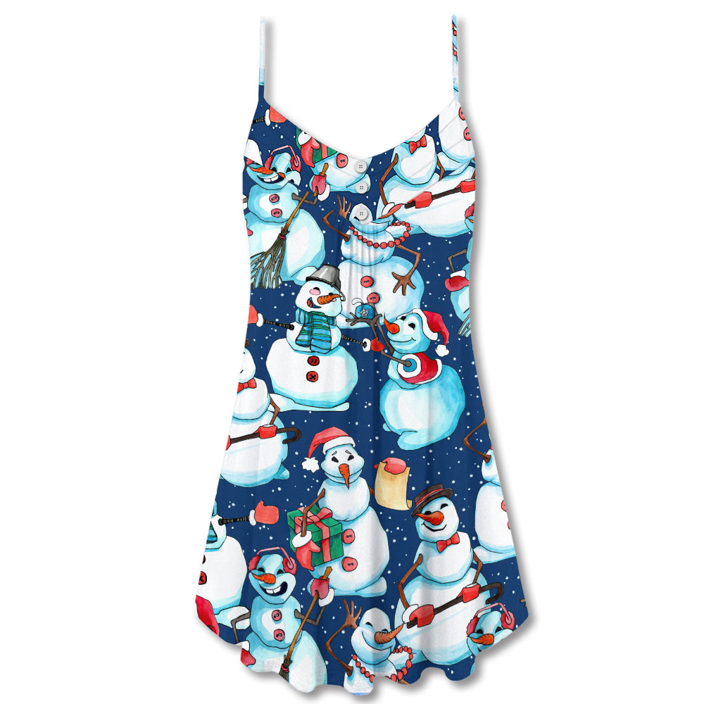 Christmas Happy Snowman Holiday V-Neck Sleeveless Cami Dress For Vacations And Casual Warm Weather Wear