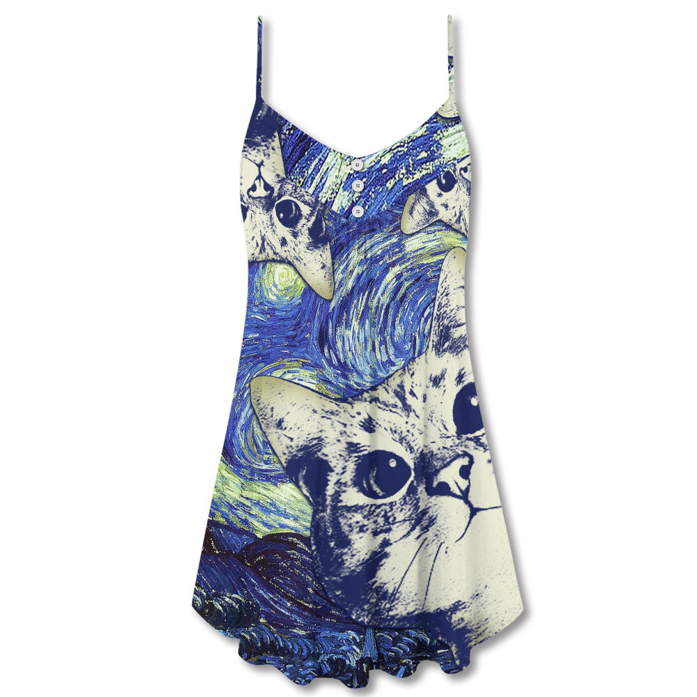 Cute Cat Love Life V-Neck Sleeveless Cami Dress For Summer Vacations Festivals And Playful Casual Styling