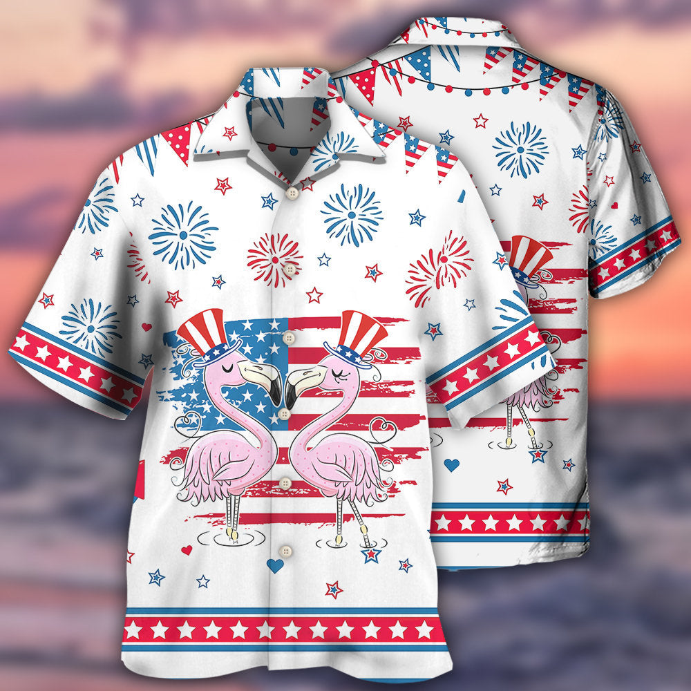 Flamingo Independence Day Star American Hawaiian Shirt For Coastal Adventures And Warm Weather Wear