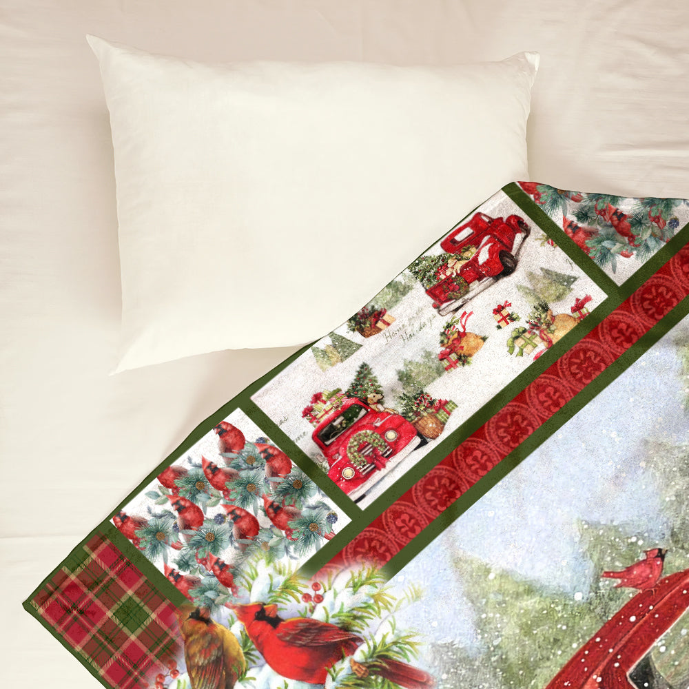 Cardinal Red Truck Christmas Flannel Blanket For Cozy Bedroom Sofa Decor