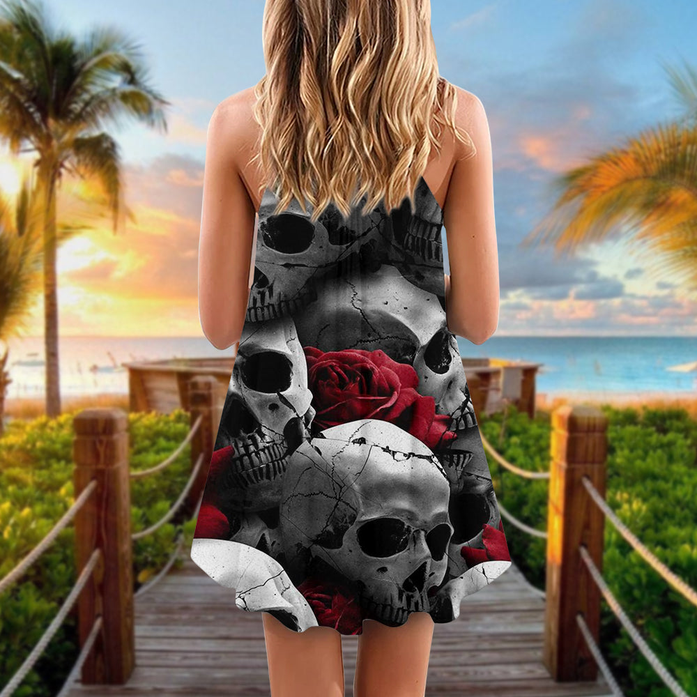 Skull Love Rose Gothic Style V-Neck Sleeveless Cami Dress For Festivals Travel And Relaxed Casual Summer Wear