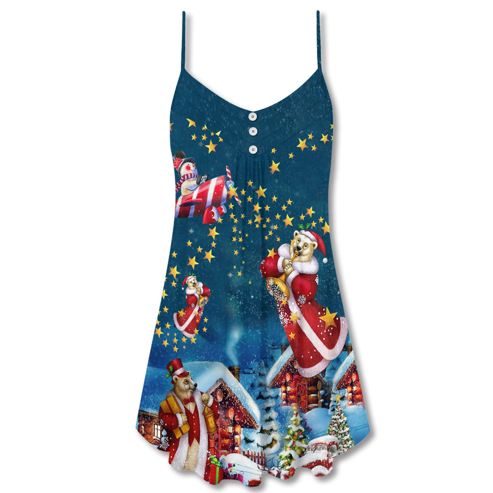 Christmas Bear Santa Happy Mood V-Neck Sleeveless Cami Dress For Holiday Parties And Relaxed Vacation Wear