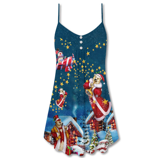 Christmas Bear Santa Happy Mood – Women's Summer Sleeveless V-Neck Camisole Dress