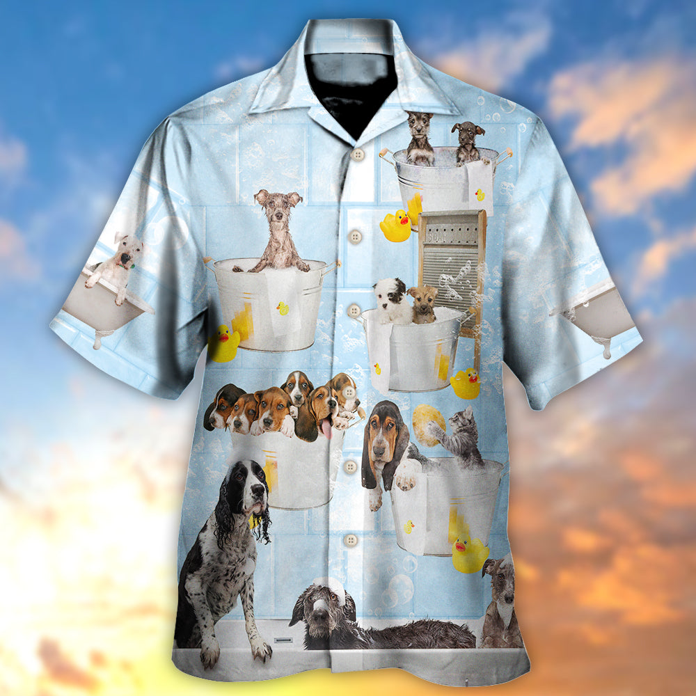 Dog Grooming Shower Bathroom Hawaiian Shirt Print Closeup For Coastal Travel