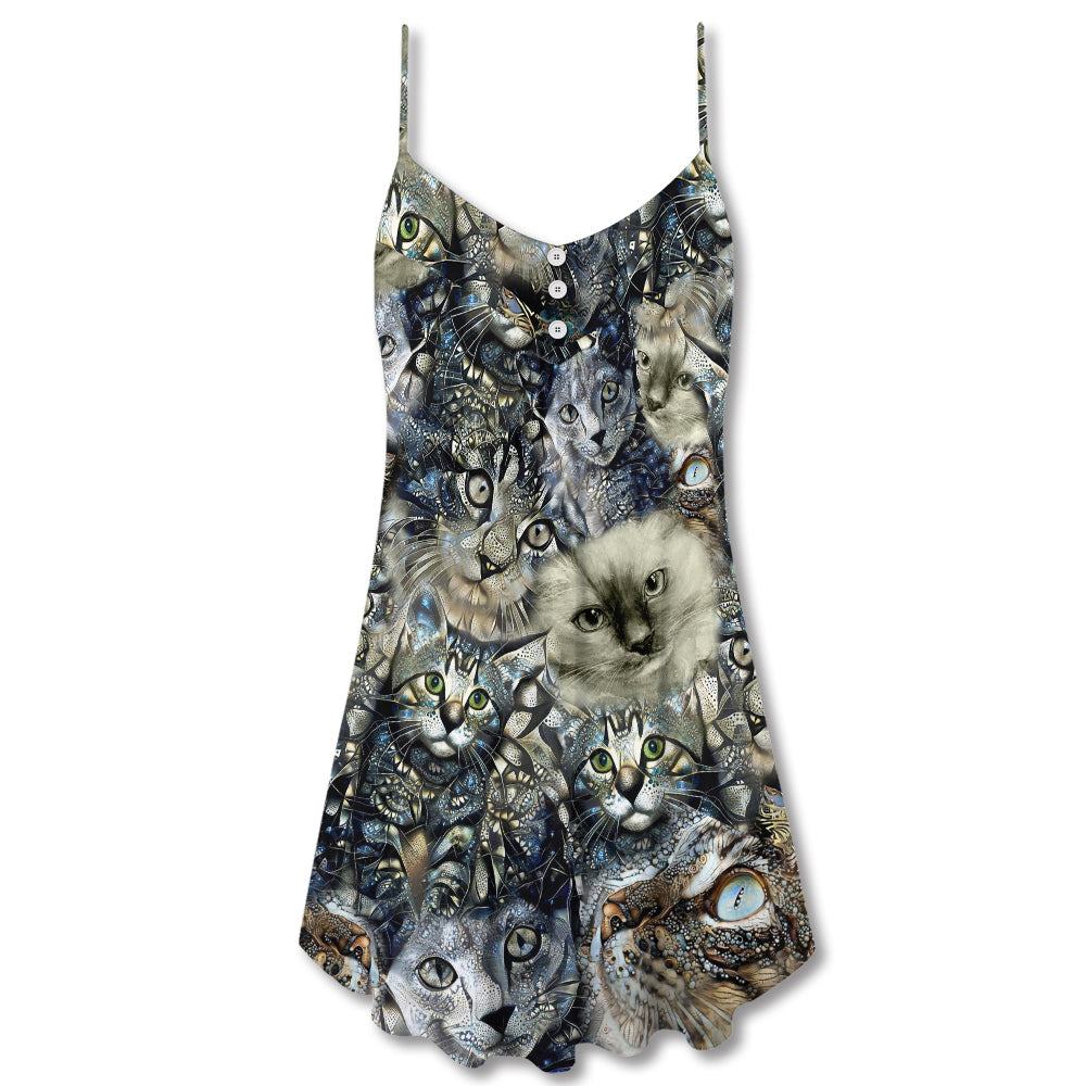 Vintage Cat Floral Neutral V-Neck Sleeveless Cami Dress For Vacations And Casual Warm Weather Wear