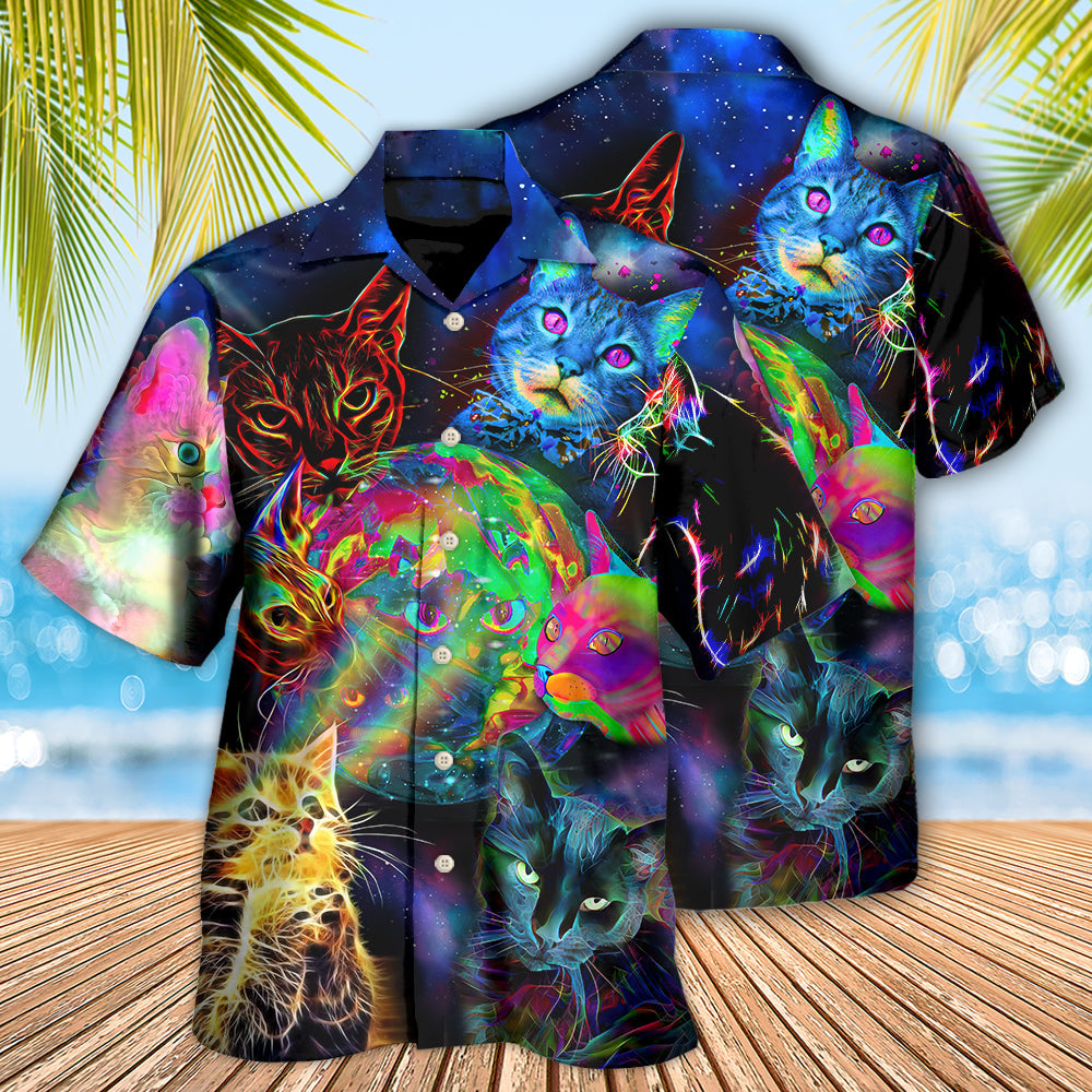 Glowing Neon Cat Psychedelic Galaxy Hawaiian Shirt For Resort Getaways And Comfortable Summer Activities